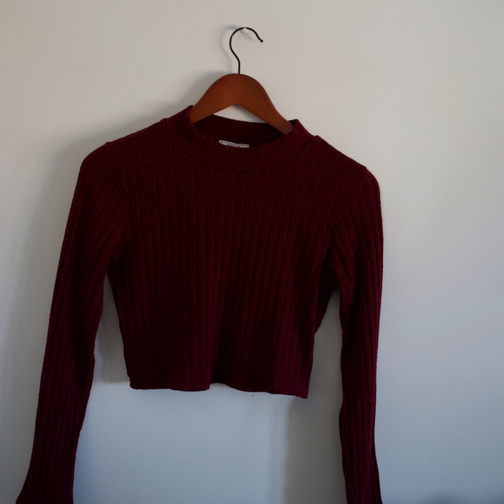 Teen Bell Long Sleeve Maroon Semi Crop Top